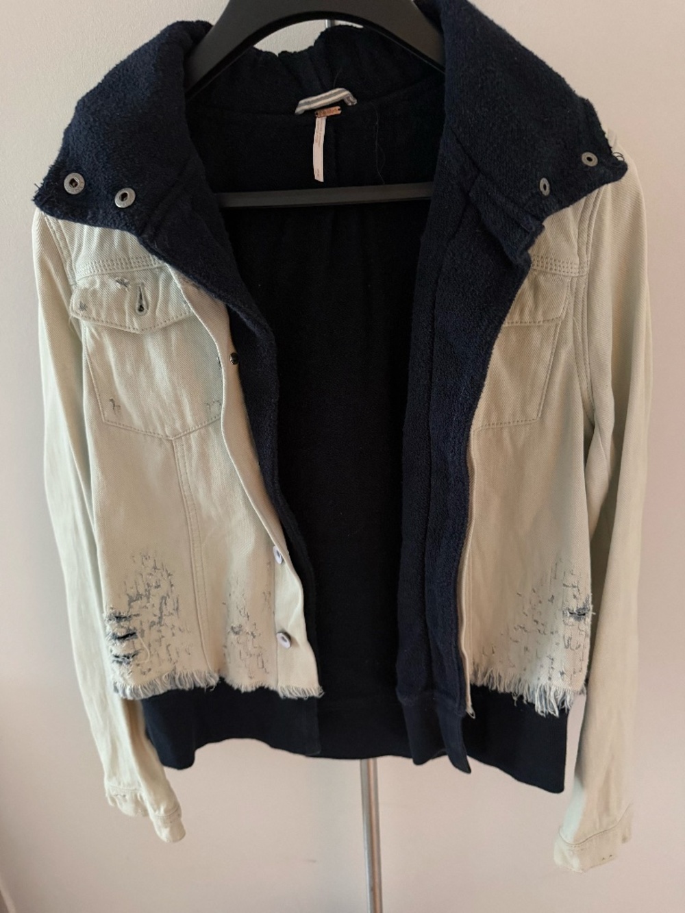 Free People Distressed Denim Jacket with attached Blue Hoodie, Small, vintage - Picture 3 of 6